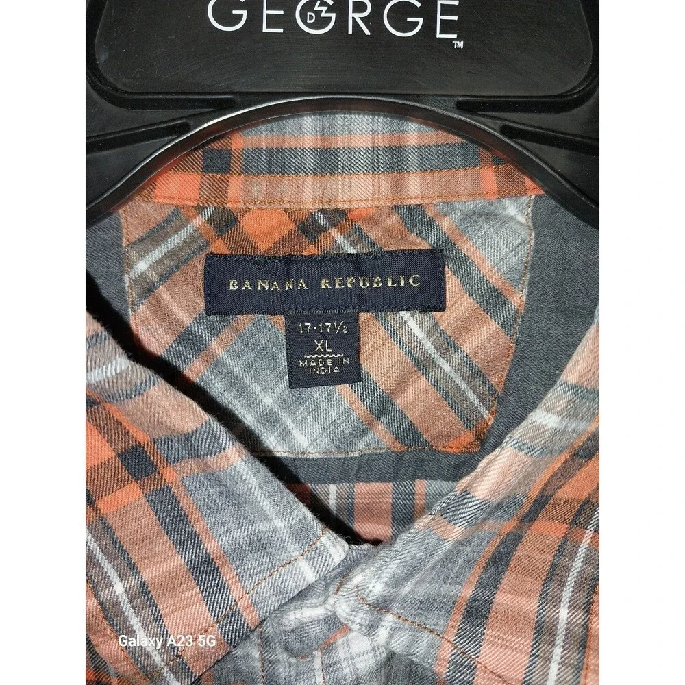 Banana Republic Shirt Mens XL Orange Gray Plaid Long Sleeve Button Up